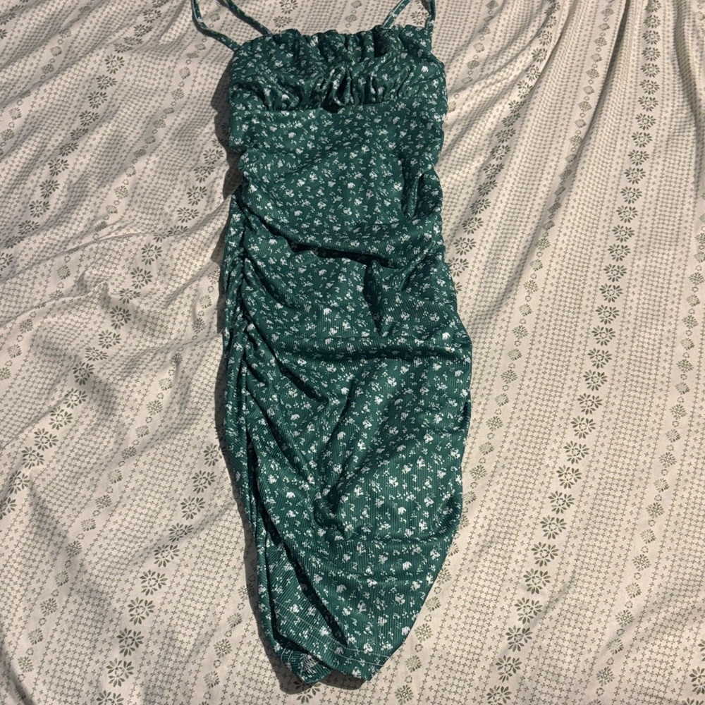 SHEIN Teal Floral Ruched Mini Dress